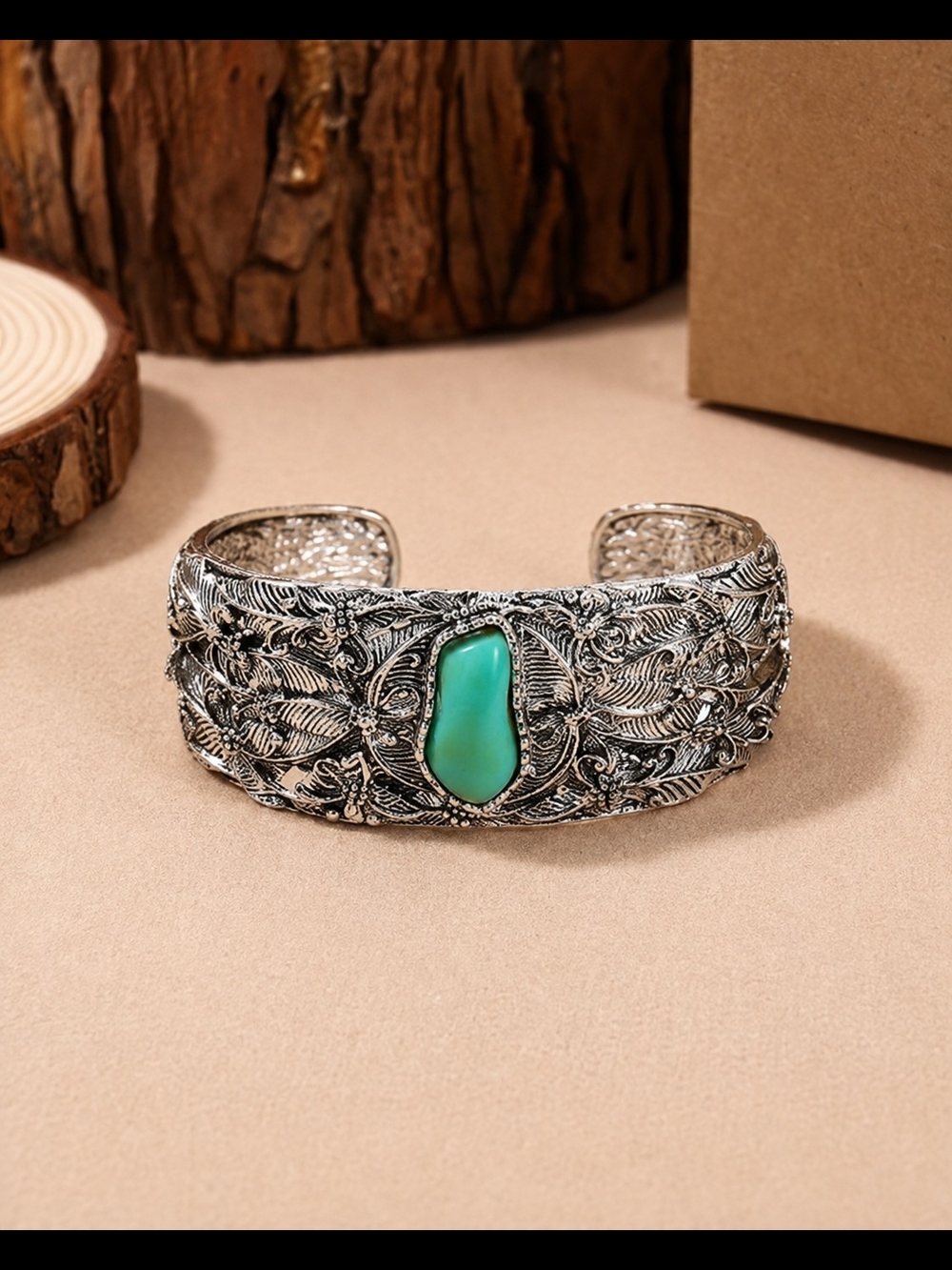 Silver-Tone Filigree Cuff Bracelet with Simulated Turquoise  Stone